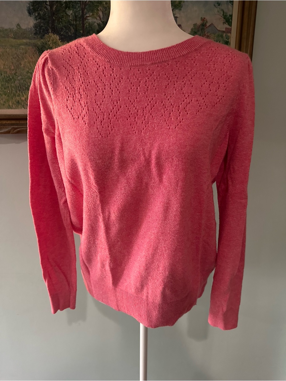 LOFT Coral Pink Eyelet Yoke Crewneck Sweater